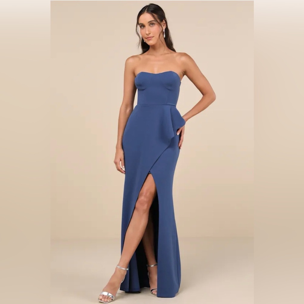 Lulus Stunning Splendor Blue Bustier Tulip Maxi Dress